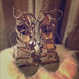 Tan suede lace up heels